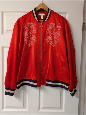 H&M Red Floral Embroidered Bomber Jacket